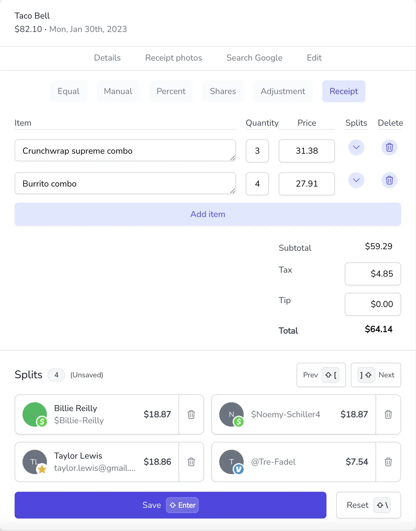 Itemized receipt in SplitMyExpenses