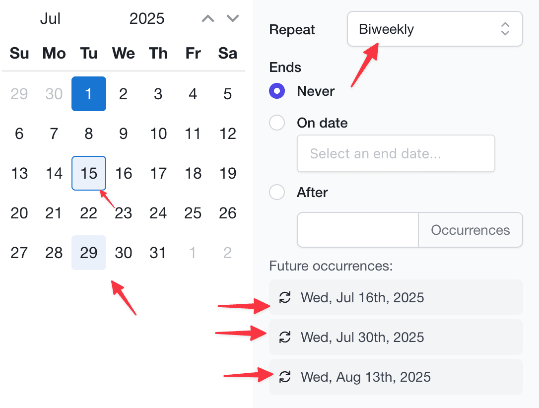 Biweekly recurring schedule preview