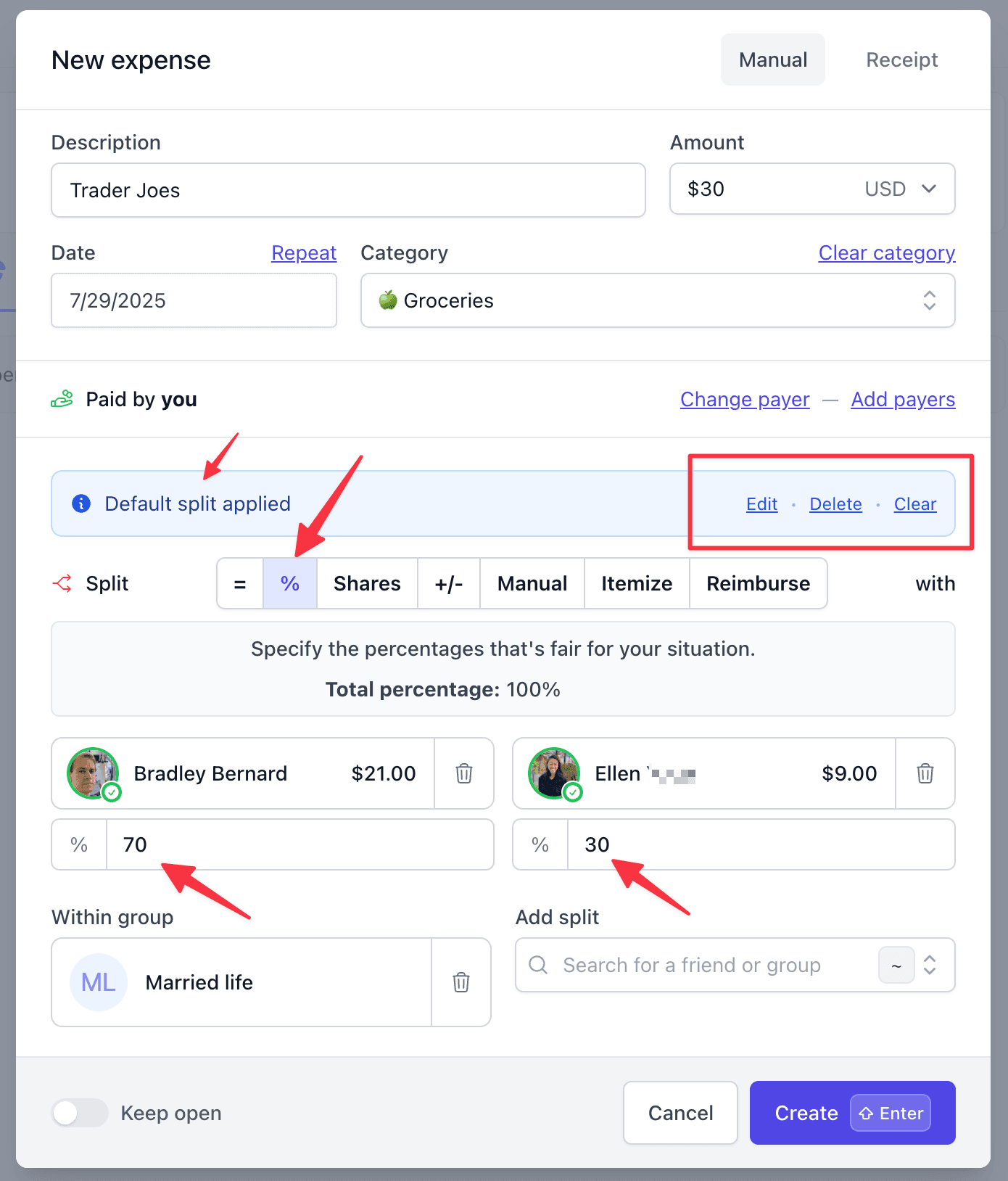 Default split automatically applied to new expense