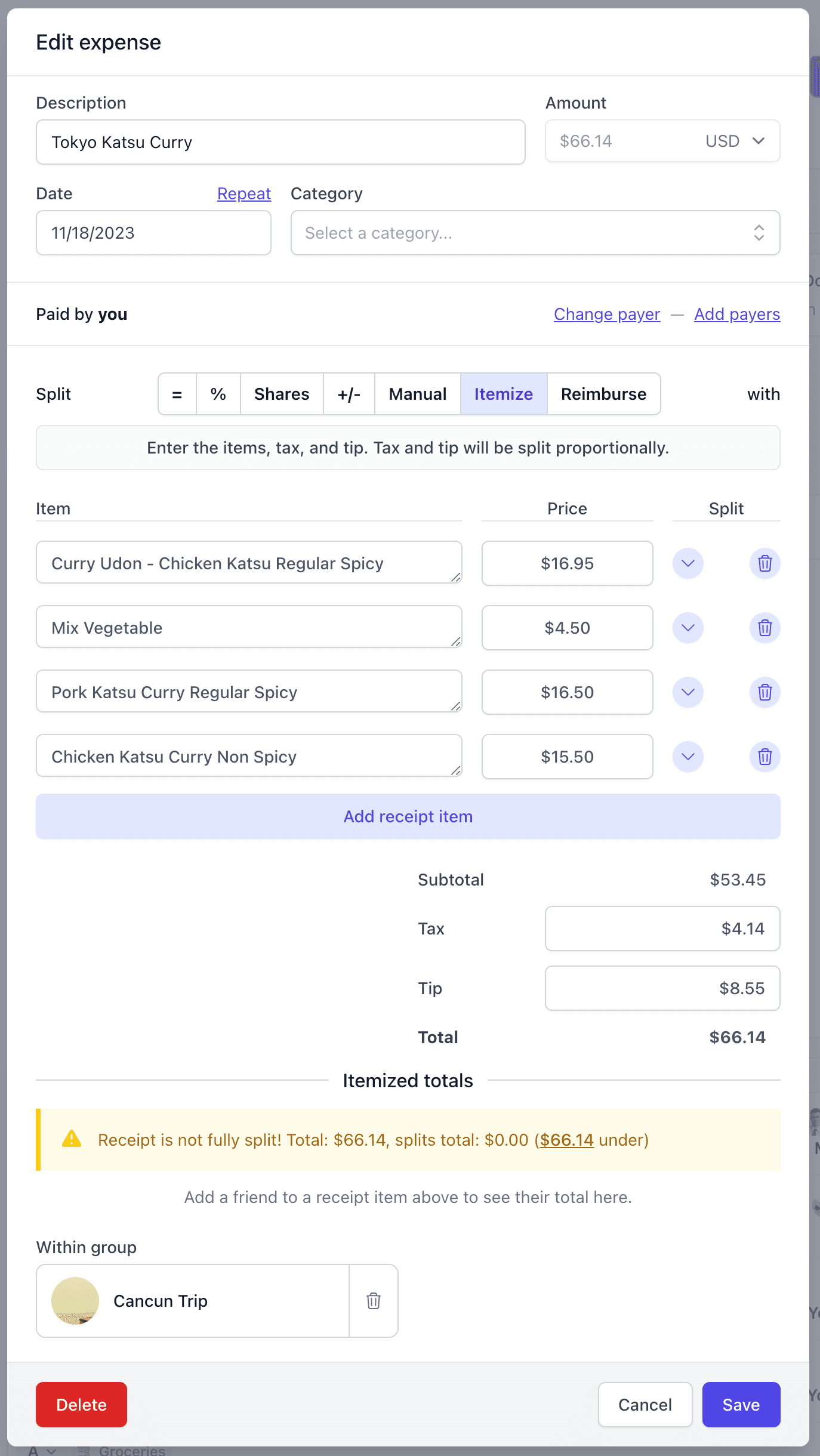 Receipt parsed