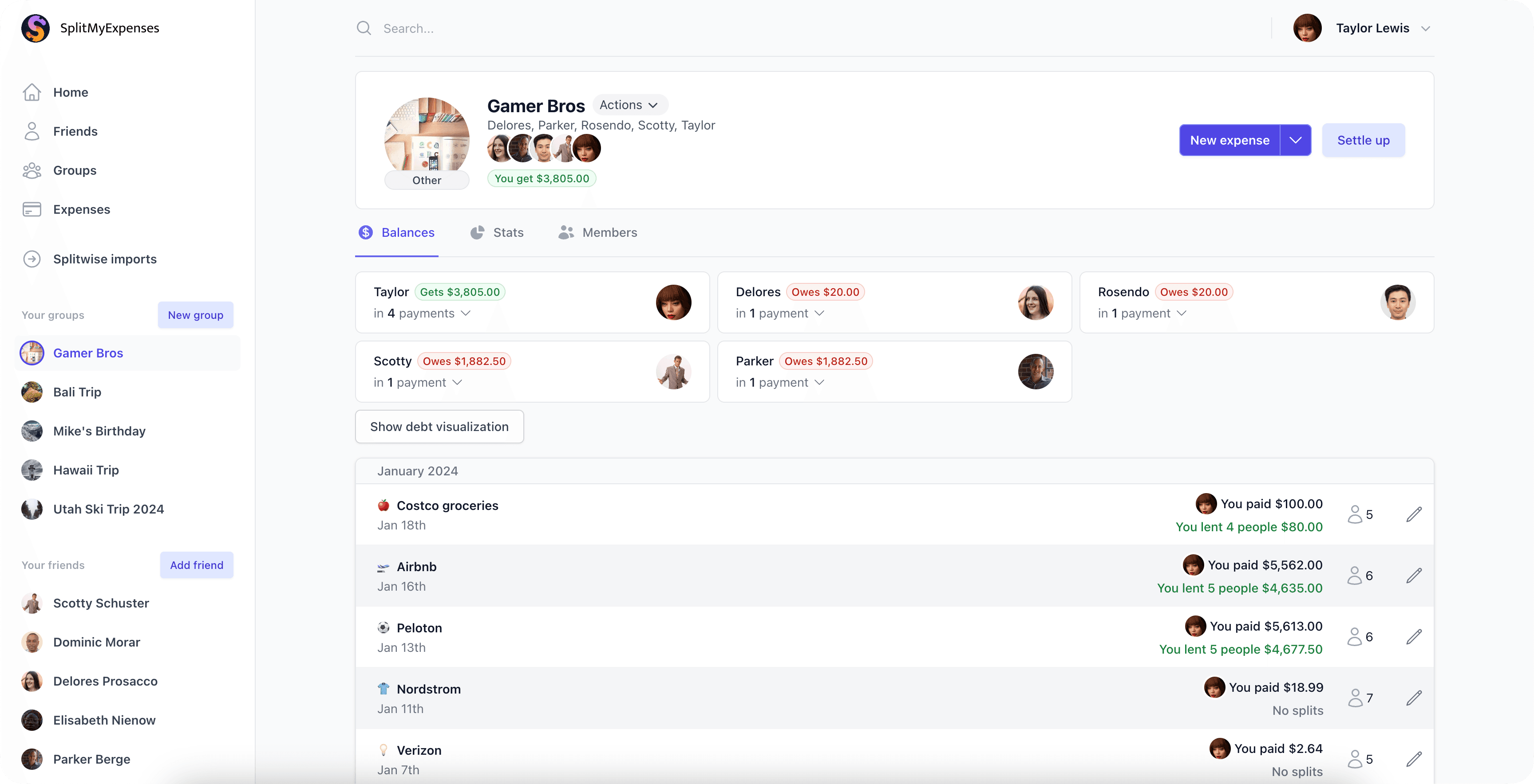 SplitMyExpenses group balances and expense history
